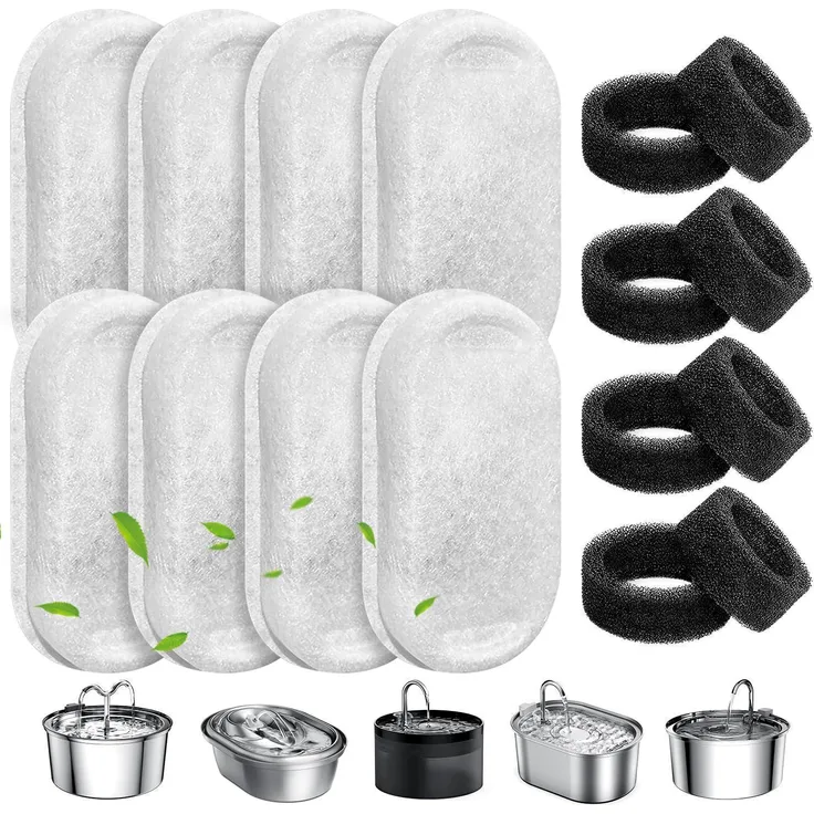 WEIKEY Katzenbrunnen Filter 16 Stück, Kompatibel mit 2L/3.2L/4L Edelstahlbrunnen, 8x Kohlefilter & 8x Schaumfilter, Dreischichtige Filtration für sauberes Wasser