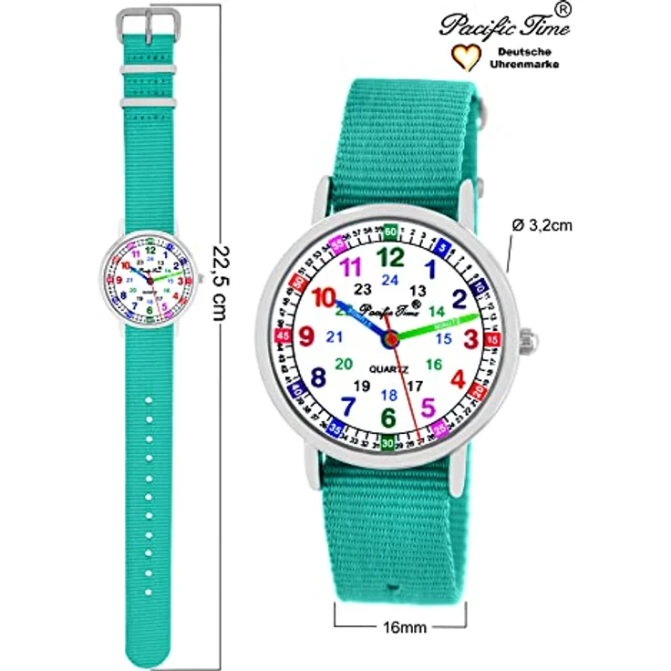 Pacific Time Kinder Armbanduhr Lernuhr, analog Quarz mit textilen Armbändern in türkis und dunkelblau, 16mm breit, ideal für Mädchen und Jungen – Bild 4