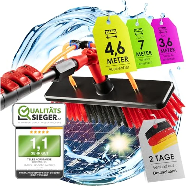BoomDing Teleskop Waschbürste 4,6 Meter ausziehbar Teleskopstange Fensterreinigung aus Aluminium zur Reinigung von Solaranlage Terrassendach Wintergarten Reinigungsset PV Anlage Reinigung, Umweltfreundlich, inkl. Seifenspender – Bild 1