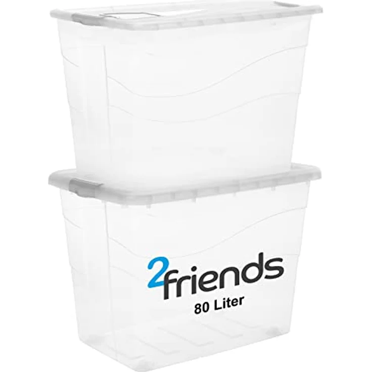 2friends Aufbewahrungsbox mit Deckel Groß, 2er Set 80L, transparente Kunststoffboxen mit grauen Clipverschlüssen, stapelbar, BPA-frei, 54cm x 45cm x 48cm – Bild 1
