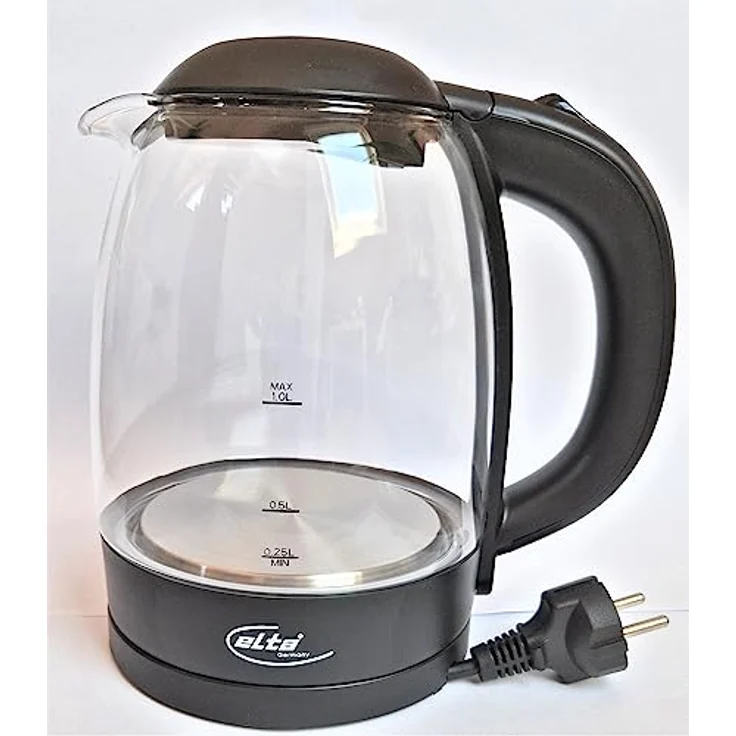 Elta Wasserkocher Glas, kabellos, 1 l, 2200 W, Edelstahl-Heizelement, Abschaltautomatik – Bild 1