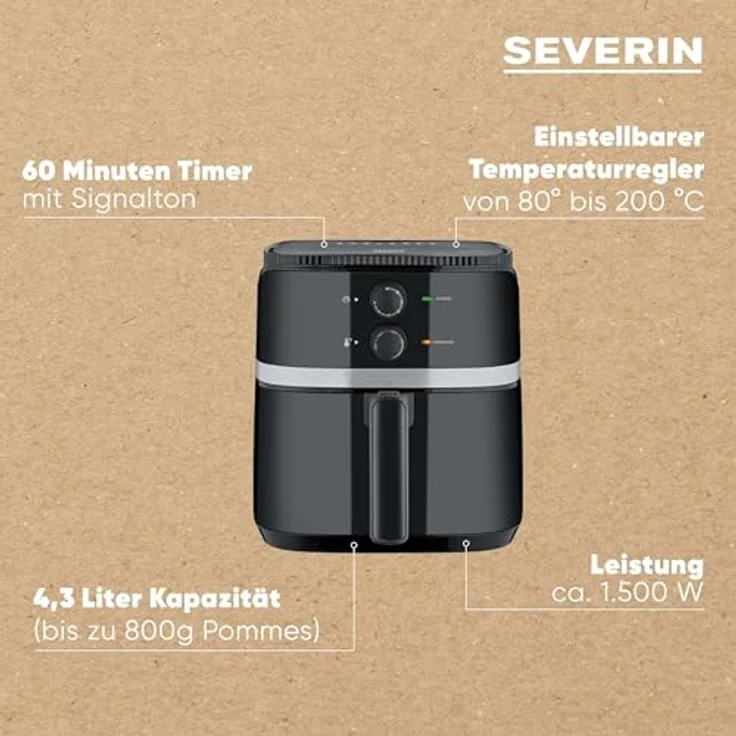 SEVERIN Heißluftfritteuse mit 5 Liter Garraum, Heißluft Fryer für gesundes Kochen, Fritteuse ohne Fett mit antihaftbeschichtetem Frittierkorb, 1500 W, schwarz/silber, FR 2452 – Bild 4