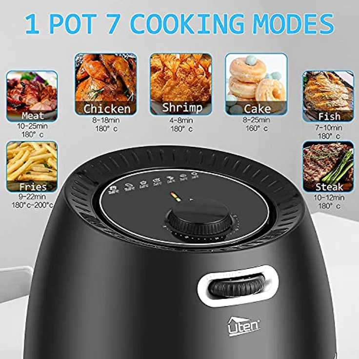 Uten Heißluftfritteuse, 6.5L Airfryer XXL Heissluftfriteuse ohne Fett Friteuse Mit Ständer, No stick Korb, Einstellbare Temperatur und Timer,Vorheizen, PDF-Rezepte,1800W, Black – Bild 3