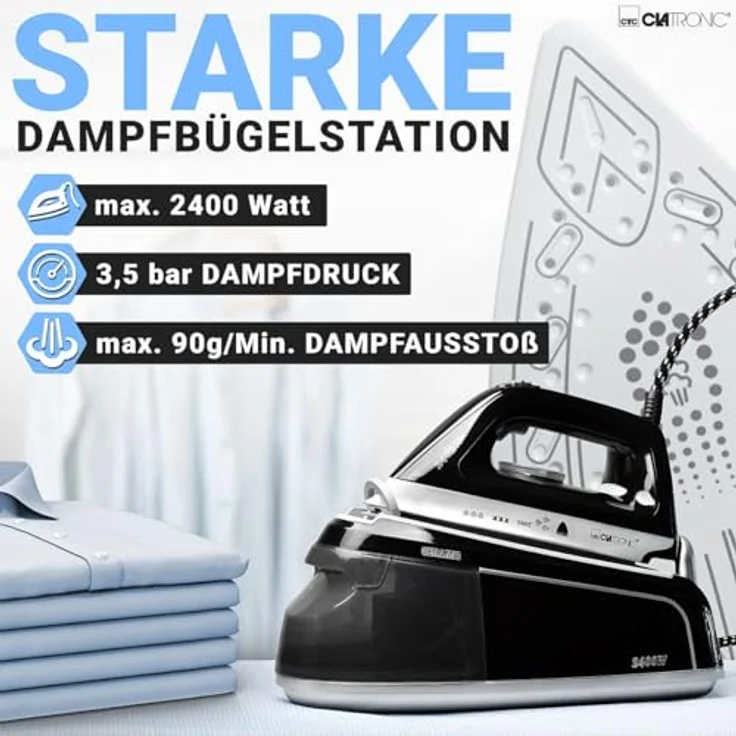 Clatronic® Dampfbügelstation mit Dampf Bügeleisen | 3,5 bar | mit Superglide-Sohle & 1,2L Wassertank | 80 min. Betriebsdauer | 2400W | Bügeleisen Dampf Anti-Tropf-System | DBS 3749 schwarz – Bild 2