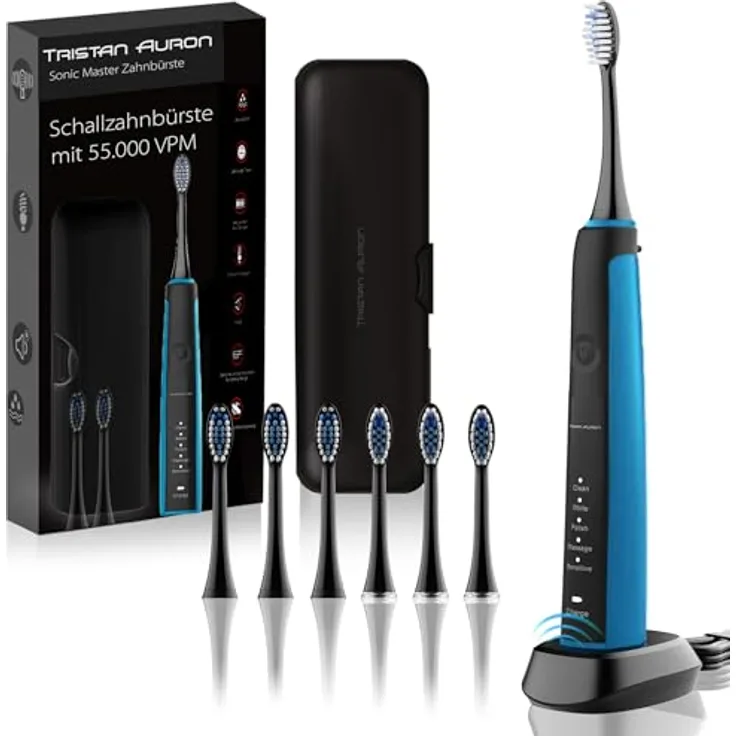 Tristan Auron Sonic Master Schallzahnbürste SonicMaster (Blau) mit 55.000 Schwingungen - 60 Tage Akku - 5 Putzmodi - 2 Min. Timer + inkl. Reiseetui und 6 Bürstenköpfe
