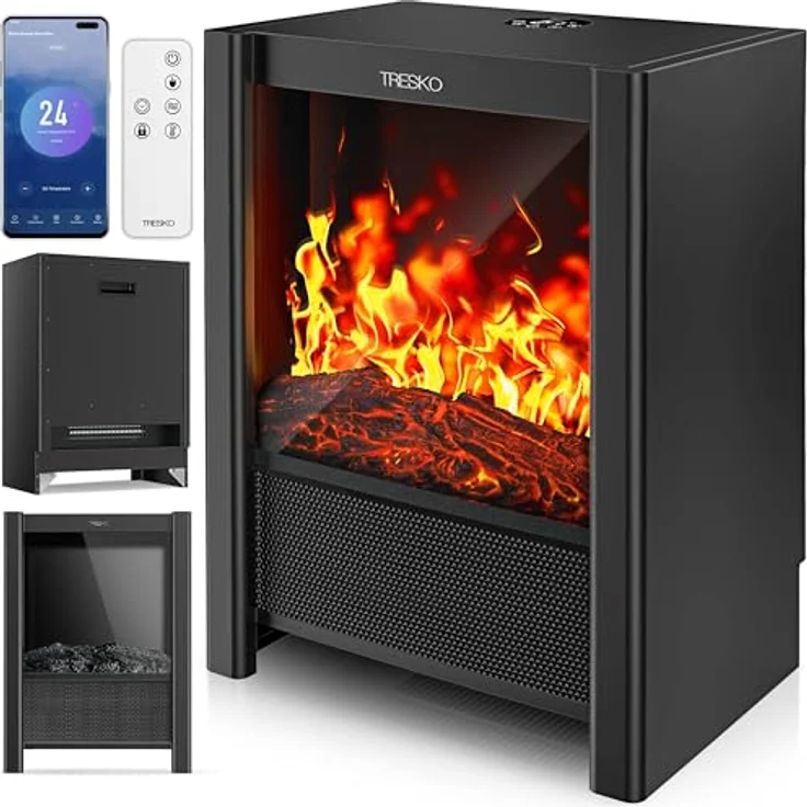 TRESKO Elektrokamin, Heizstrahler mit 2000W, WiFi App, Fernbedienung und LCD-Display, schwarz – Bild 1
