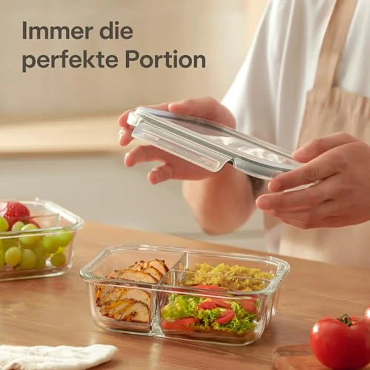 Praknu Lunchbox Frischhaltedosen Set Glas 3 Kammer 1000 ml - BPA-freier Kunststoffdeckel, Ofenfest, Bento Box Zum Einfrieren - Tupper – Bild 2