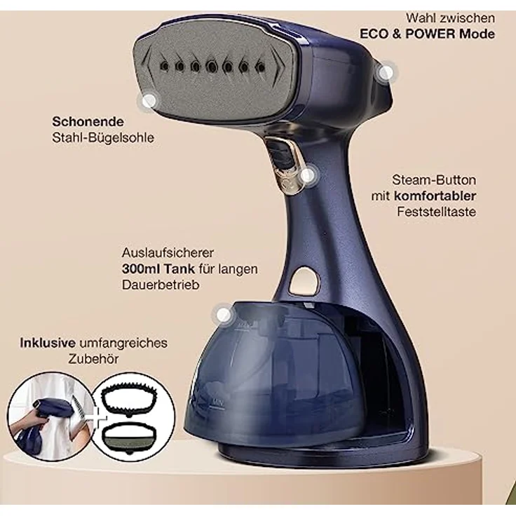 LEBENLANG Steamer Dampfglätter 1500W & 25g/min LCD - 300ml Dampfbürste mit Bügelhandschuh - Dampf Glätter Taschensteamer - Kleidung Bügeln Steam Iron & Go Reisebügeleisen Mini Reise Dampfbügeleisen – Bild 2