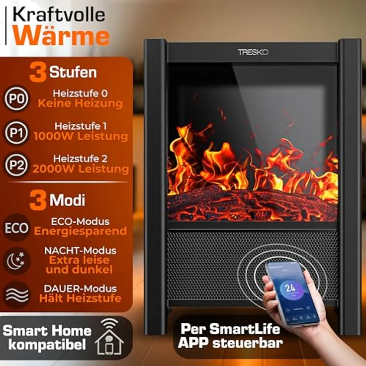 TRESKO Elektrokamin, Heizstrahler mit 2000W, WiFi App, Fernbedienung und LCD-Display, schwarz – Bild 4