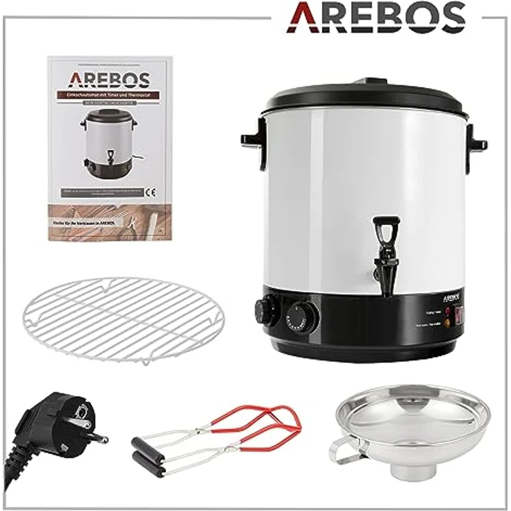 Arebos Einkochautomat 1800 W, Einkochtopf 28 L mit Timer, Thermostat, Überhitzungsschutz, stufenlose Temperatureinstellung 30-110 °C, Zeitschaltuhr 20-120 min, Glühweinkocher und Heißgetränkeautomat – Bild 5