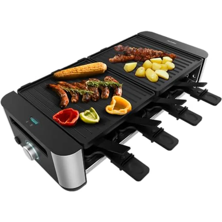 Cecotec Raclette Cheese&Grill 16000 Inox Black, 8 Personen, 1400 W Grill, 40 x 22 cm, einstellbares Thermostat, Antihaft-Grillplatte, inklusive 8 Pfannen und 8 Spatel.