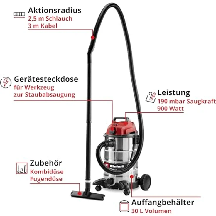 Einhell Nass-Trockensauger TC-VC 3055 SA, 900 Watt, 30 L Edelstahlbehälter, Automatiksteckdose, inkl. Düsen und Filter – Bild 2