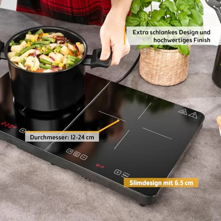 TZS First Austria Induktionskochplatte doppelt, 3500W, 2er Glaskeramik-Herdplatte, 10 Leistungsstufen, Timer, Kindersicherung, LED-Display, Touch-Bedienung, Überhitzungsschutz, schwarz, ideal für Camping und mobile Nutzung – Bild 4