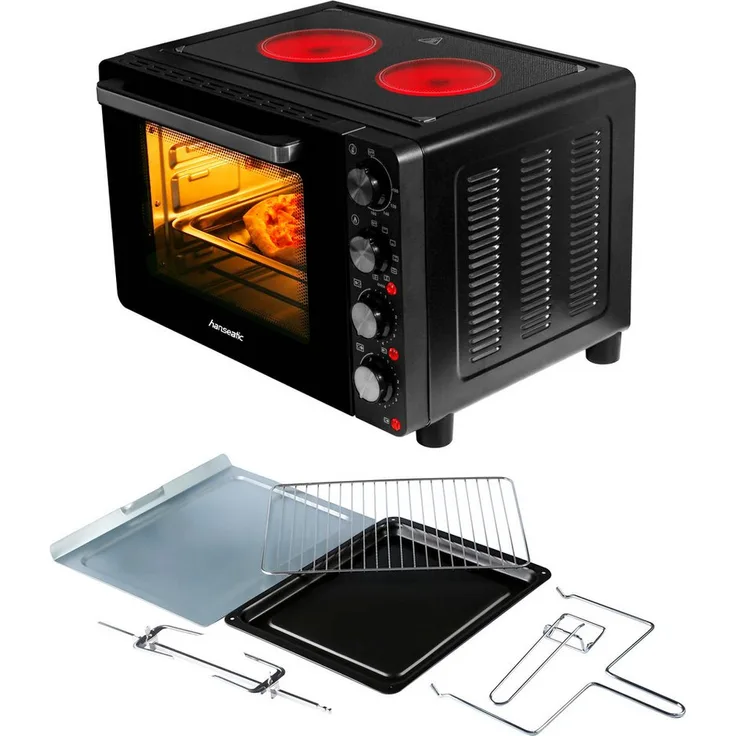 Hanseatic HMO287BKB Multiofen, Mini-Backofen mit 2 Glaskeramik-Kochfeldern, 28L Garraum, Ober/Unterhitze, Umluft und Grillspieß, schwarz