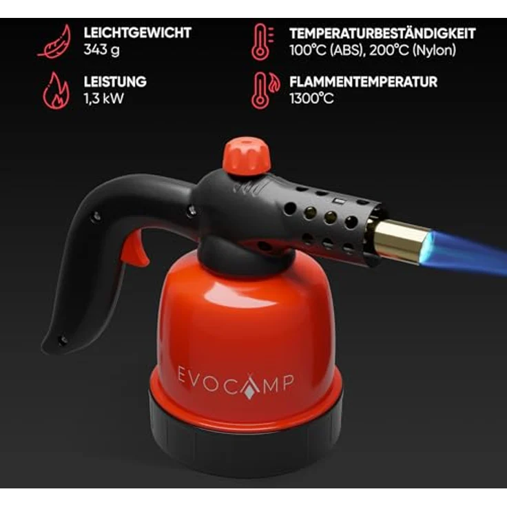 EVOCAMP Flambierbrenner Gasbrenner 1,3 kW mit Piezozündung und max. Temperatur 1300°C, inkl. 4 Gaskartuschen 190g – Bild 2