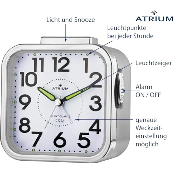Atrium Seniorenwecker A530-19, analoger Quarz-Wecker mit großem Zifferblatt, lautlosem Betrieb und extra lautem Glockensignal, Silber – Bild 3