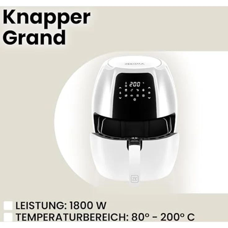 Zeegma Knapper Grand 1800W Air Fryer Gesundes Frittieren ohne Fett, 60-Sekunden Aufheizzeit, 6L Korb, 9 Programme, Spülmaschinenfest, LCD-Touchpanel, Energieeffizientes Kochen – Bild 3
