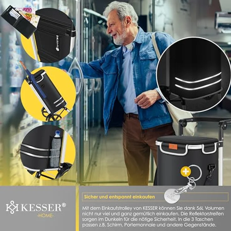 KESSER® Einkaufstrolley klappbar mit 56L Kapazität und belastbar bis 50kg | 3in1 Trolley Sackkarre & Umhängetasche | Faltbarer Einkaufswagen inkl. Kühlfach & Einkaufschip | Treppensteiger Schwarz – Bild 5