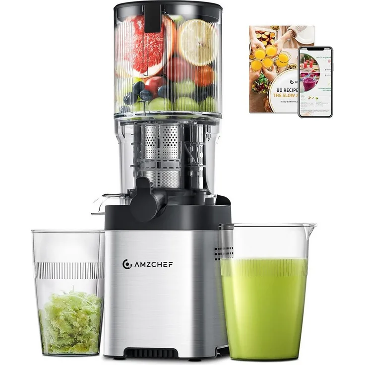 AMZCHEF Slow Juicer CE-ZM19OT02B-SV, 220 W, Entsafter mit 126 mm breiter Öffnung und 2 Gläsern, rostfreier Stahl