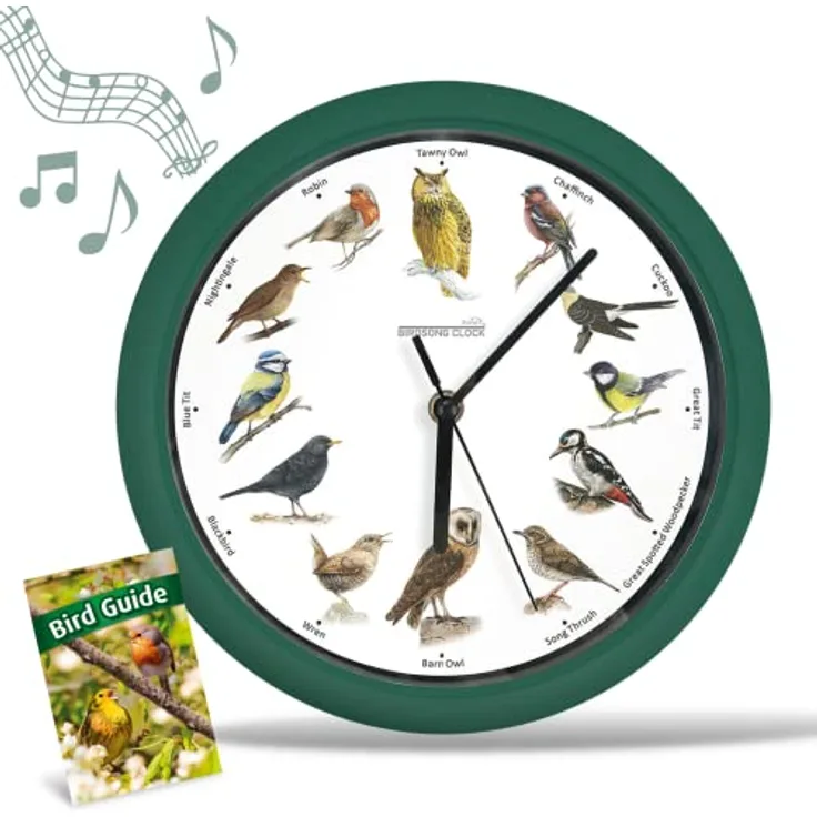 Wanduhr mit Vogelstimmen STARLYF Birdsong Clock, Wanduhr mit echten Klängen von 12 verschiedenen Vögeln, Stummschaltplan in der Nacht, 25x25cm,Natürlicher Charme für Dein Zuhause