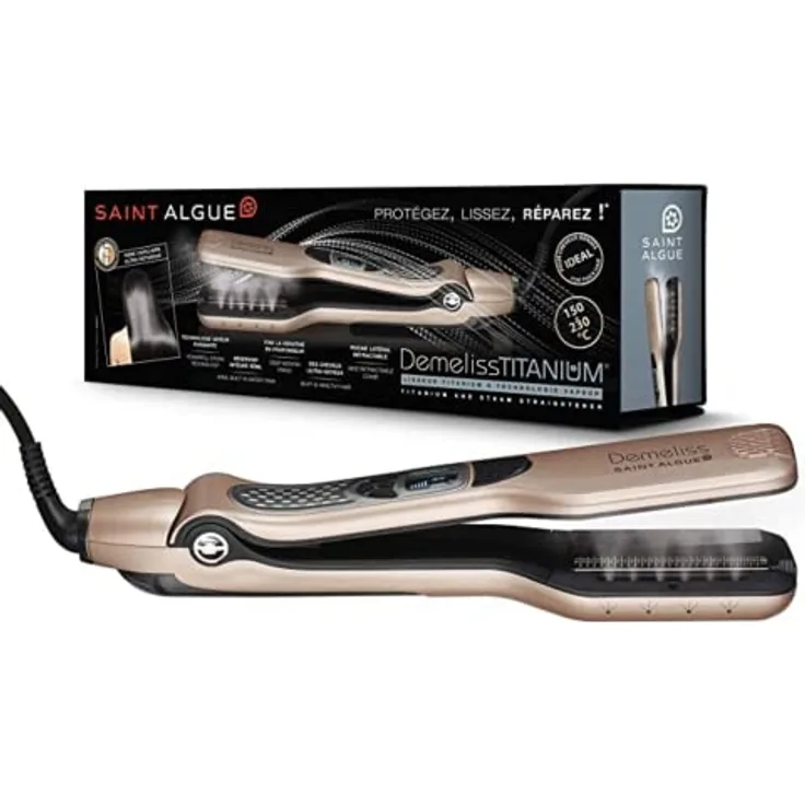 Demeliss - Saint Algue - TITANIUM, Dampfglätterer - integriertes Maxi -Reservoir 40 ml - Abnehmbarer Seitenkamm - Extreme Glättung und Haarschutz - Gold/Champagner
