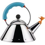 Alessi Kettle 9093/1 LAZ - Wasserkessel mit Magnetboden aus Edelstahl 18/10 Glänzend Poliert, für Induktionsherde Geeignet, mit Griff und Vogelförmiger Flöte aus PA, Hellblau