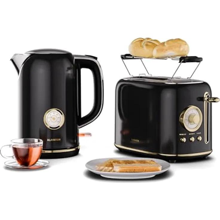 Klarstein Victoria Toaster Wasserkocher Set, Retro Design, 2 Scheiben Toaster mit 7 Bräunungsstufen & Brötchenaufsatz, 1,7L Wasserkocher mit Kalkfilter, Schwarz