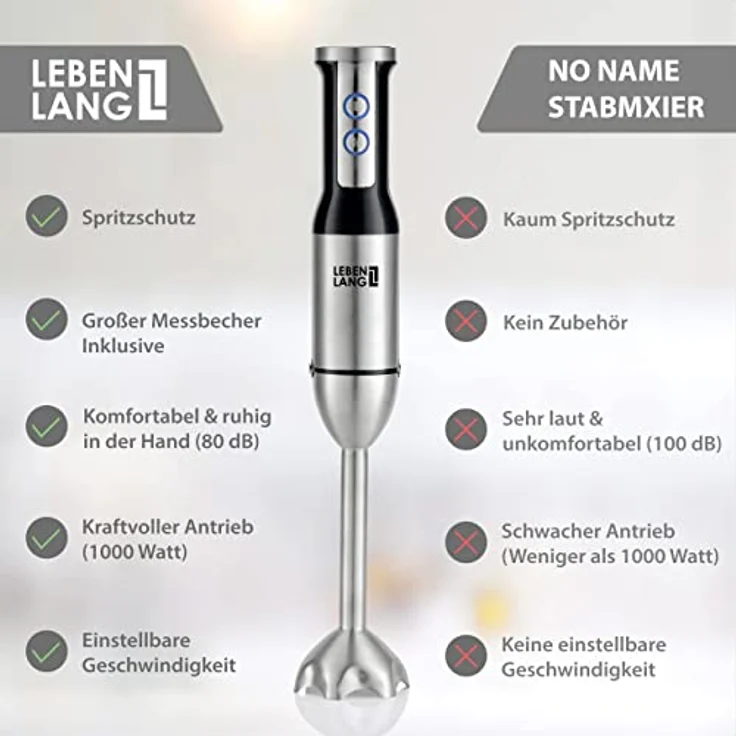 LEBENLANG 1000W Stabmixer Edelstahl - Mit Spritzschutz und 8 Stufen plus Turbo | Hochwertiger Pürierstab Edelstahl und Mixstab | Küche Zauberstab | Hand blender Rührstab Stick - Mixer 1000 watt – Bild 4