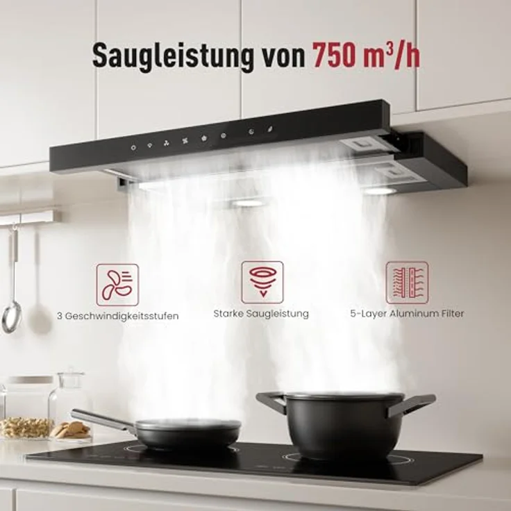LEVIVO Flachschirmhaube 60cm, A+++ Dunstabzugshaube mit 750 m³/h, Umluft & Abluft, 3 Stufen, 2 Booster, Edelstahl Design, 2 Aktivkohlefilter, 2 Fettfilter – Bild 2