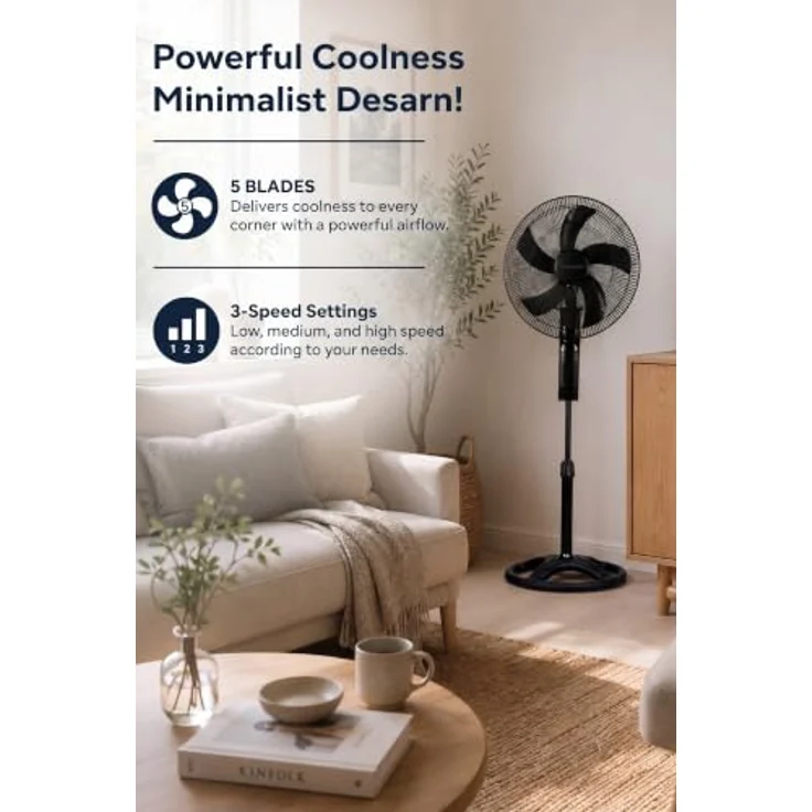 KUMTEL Standventilator KTF-340, 45 cm Durchmesser, 60 W, höhenverstellbar bis 145 cm, 90° oszillierend, geräuscharmer Betrieb, schwarz – Bild 3