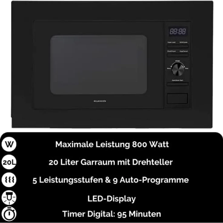 Wolkenstein WMW800-20GB EB Mikrowelle, 2in1 mit Grill, Einbaugerät, schwarz, 800 Watt, 20 Liter Garraum, Edelstahl – Bild 3