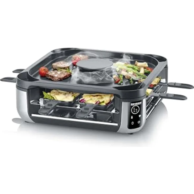Severin RG 2350 Raclette für 8 Personen mit Downdraft-Technologie, ILAG-Grillplatte, LED-Display & spülmaschinengeeigneten Pfännchen