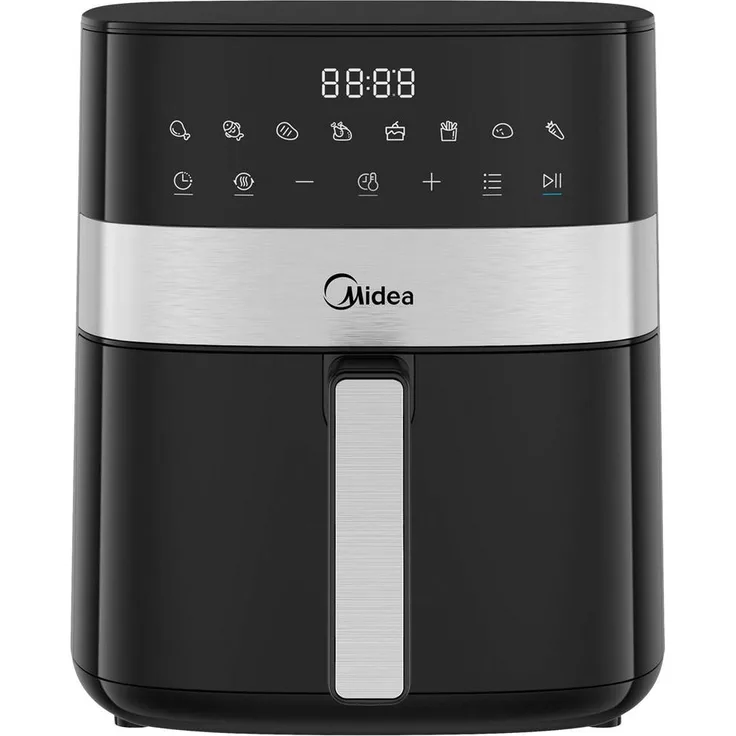 Midea HEIßLUFTFRITTEUSE Airfryer Mf-Cn65E2, 6.3 L, Schwarz-Silber, Heißlufttechnologie, antihaftbeschichteter Innenbehälter, Überhitzungsschutz, Display