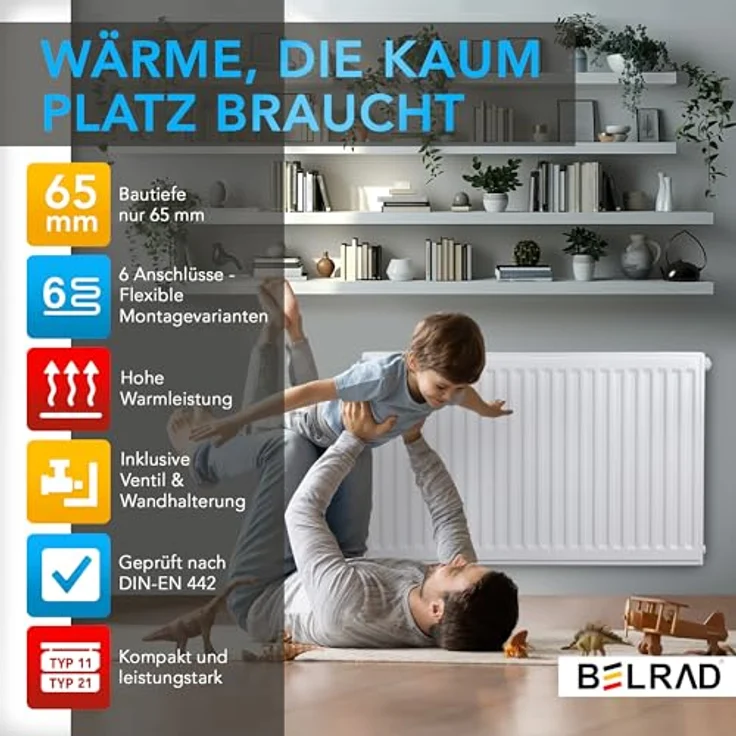 Belrad® Heizkörper Typ 21, flacher Universalheizkörper mit 6 Anschlüssen, energiesparend, Wandmontagefähig, weiß 500x800 mm – Bild 5