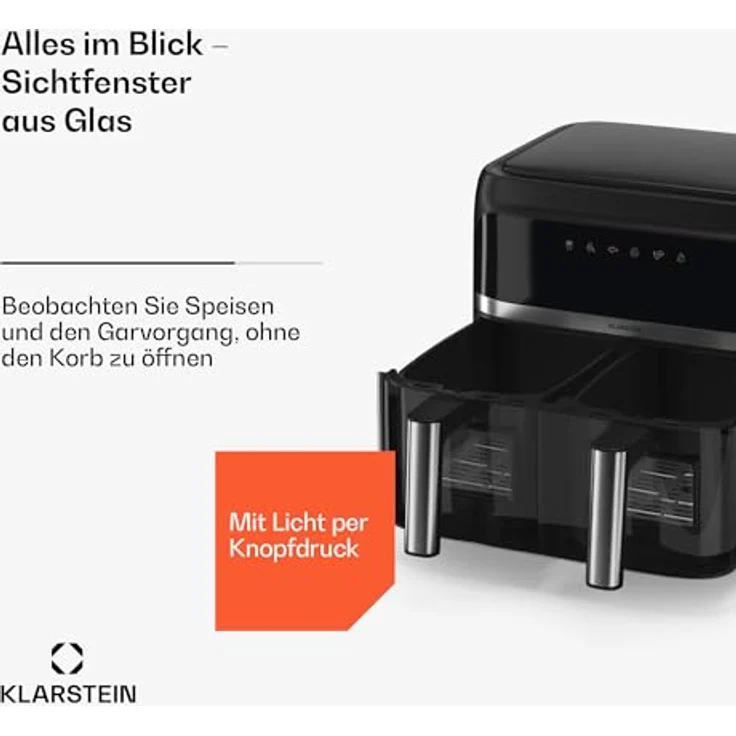 Klarstein VitaFry Duo Skylight Doppel-Heißluftfritteuse, 2850W, 7,6L, Touch-Bedienfeld, 6 Modi, XL, schwarz – Bild 5