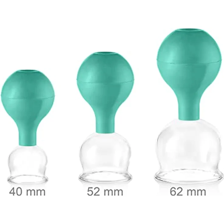 PULOX Schröpfgläser Set aus Echtglas mit Saugball - 3x Medizinisches Schröpfglas in Grün - 40mm, 52mm, 62mm - Professionelle Schröpftherapie und Muskelentspannung – Bild 2