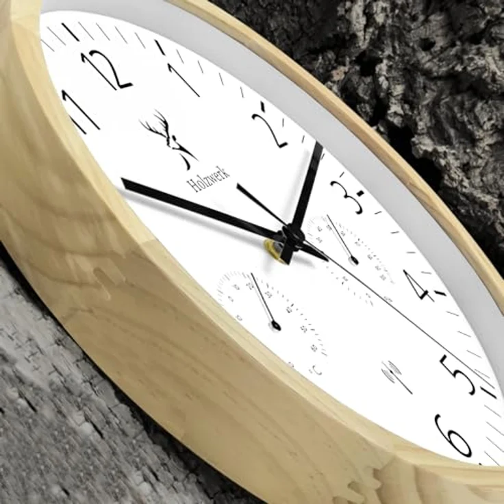 Holzwerk MEERSBURG Funkwanduhr, Holz-Wanduhr mit Temperaturanzeige und Hygrometer, lautloses Uhrwerk, Buche Weiß, 30 cm – Bild 5