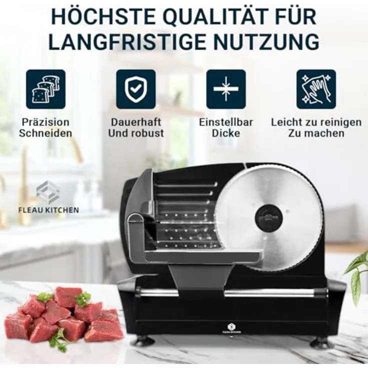 Fleau Kitchen Profi-Fleischschneider – 2x Edelstahl-Schneidmesser – Stärke verstellbar – leistungsstarker Motor – Allzweckschneider in luxuriösem Schwarz – Bild 2