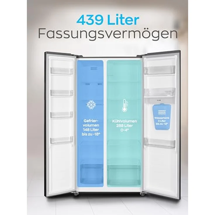 Heinrich's Side-by-Side Kühlschrank, Kühlgefrierkombination mit 439L Mega Gesamtvolumen, NO-FROST, 151L Gefriervolumen, inkl. Wasserspender, LED Beleuchtung, Touch-Bedienung, Multi-Airflow-System, Inox – Bild 4