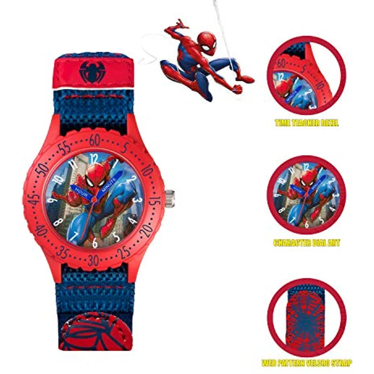 SPIDER-MAN Spiderman Kinder Analog Quarz Uhr SPD3495, Zifferblatt mit Spiderman-Motiv, weiches Segeltuchband mit Klettverschluss, 1 Jahr Garantie – Bild 3