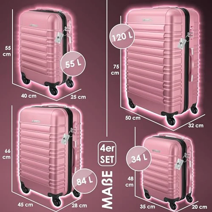 KESSER® 4tlg. Hartschalenkofferset Hard Shell Basic Hartschalenkoffer Trolley Koffer Reisekoffer Reisekofferset Gepäck Rollkoffer Schloss 4 Rollen ABS-Hartschale Teleskopgriff S-M-L-XL Rosa – Bild 2