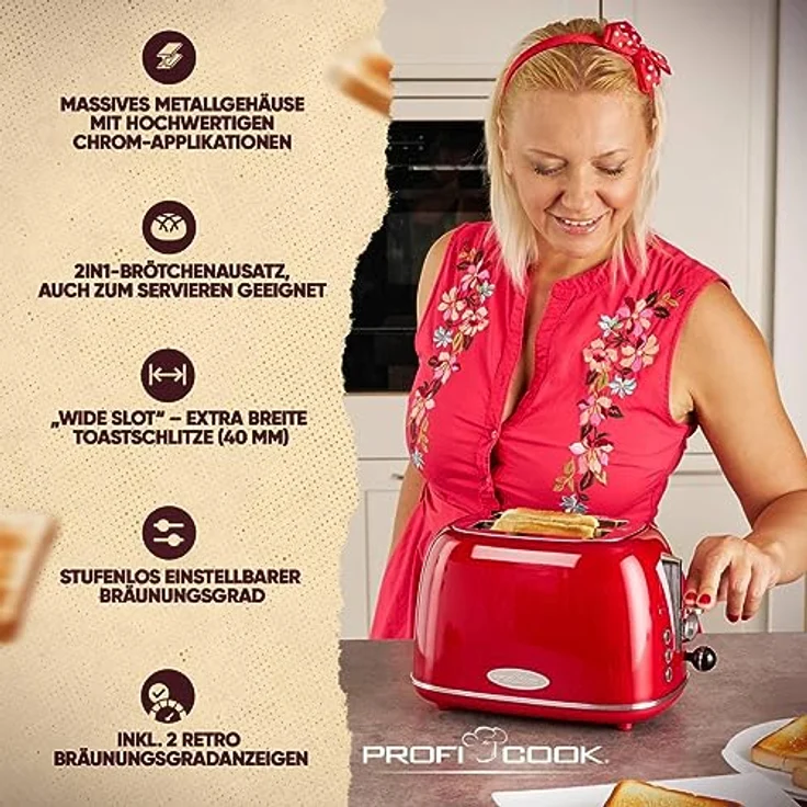 ProfiCook Vintage PC-TA 1193 Toaster, rot-chrom – Bild 4