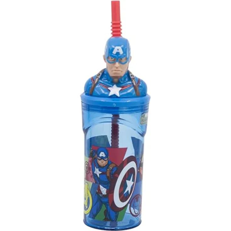 The AVENGERS Trinkflasche Captain America, 3D Kinderbecher mit integrierten Strohhalm, 360 ml