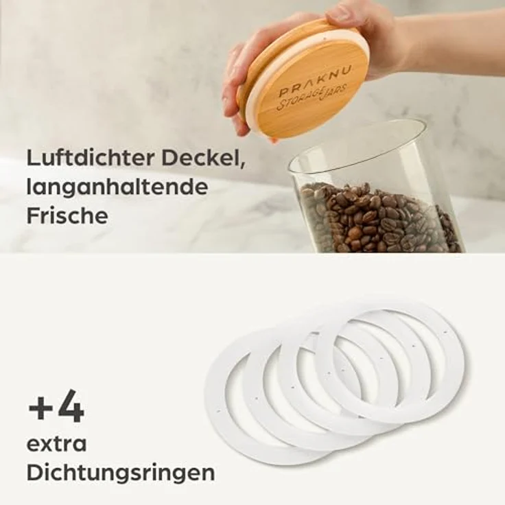 Praknu Vorratsgläser mit Deckel 4er Set - Luftdicht Borosilikatglas Bambusdeckel – Bild 3
