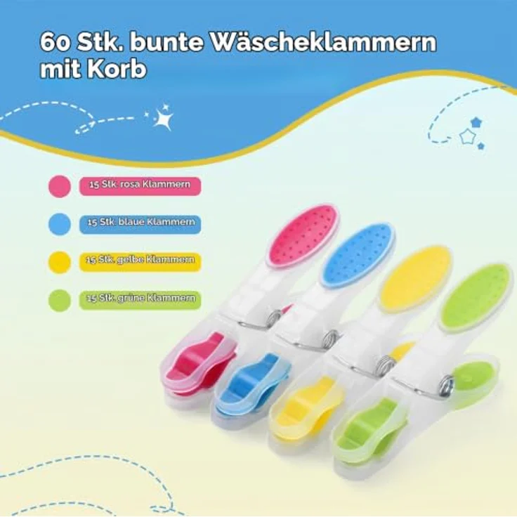 AiQInu 60 Stück Wäscheklammern, Mehrfarbig mit rutschfestem Silikon, platzsparend und markenfrei für Wäsche, Handtücher und Socken – Bild 2