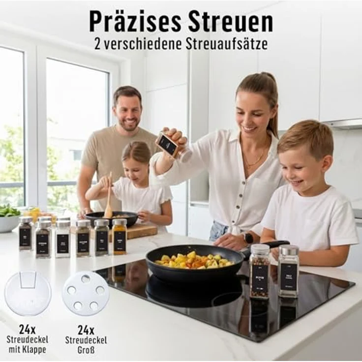Deco haus® Gewürzgläser eckig, luftdicht 24er Set mit Etiketten & Streueinsatz, lebensmittelecht, inkl. Reinigungsbürste und Silikontrichter – Bild 4