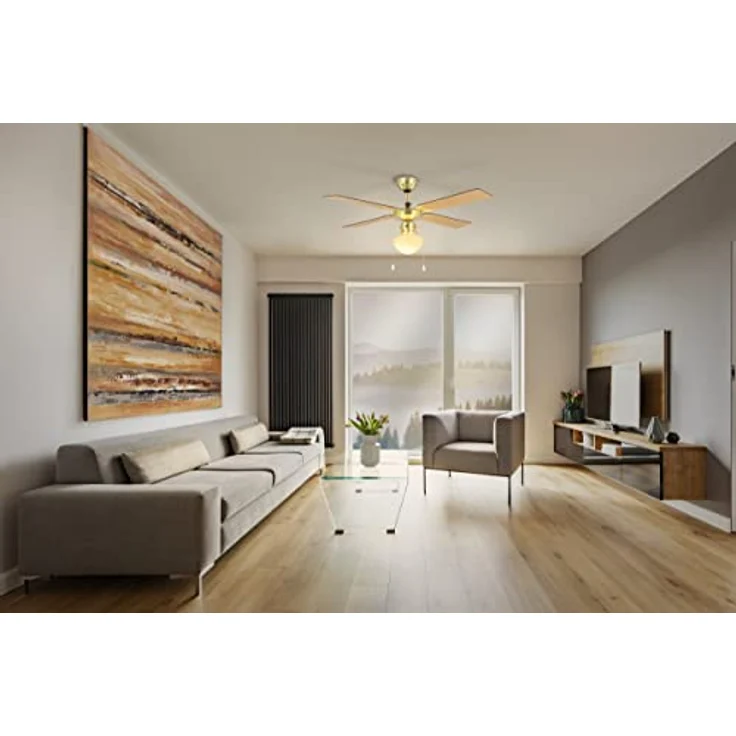 EGLO Deckenventilator Fortaleza, 4 Flügel Ventilator mit Zugkette, Beleuchtung, Sommer-Winter Betrieb, Holz, brünierter Stahl und weißem Glas, 106,6 cm – Bild 9