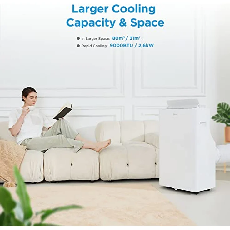 Midea Silent Cool 26 Pro WF Mobiles Klimagerät, 2,6 kW Kühlleistung, App-Steuerung, für Räume bis 80 m³, weiß – Bild 5