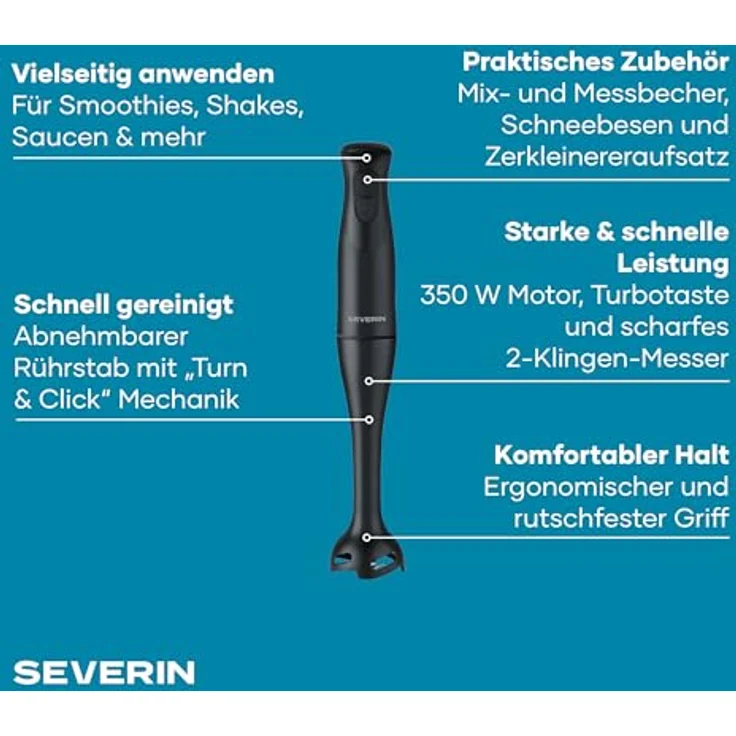 Severin SM 3762 4-in-1 Stabmixer, 350W mit 700ml Mix-/Messbecher, Schneebesen, Zerkleineraufsatz, abnehmbarer Pürierfuß, Turbotaste, schwarz – Bild 2
