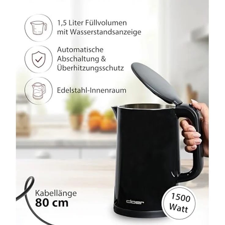 Cloer 4320 Wasserkocher 1,5 L, 1500 W, Edelstahlbehälter, automatische Abschaltung, Überhitzungsschutz, Kunststoffgehäuse schwarz – Bild 2